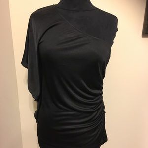 Black one sleeve satiny fitted top Brand NWT